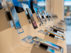 A phone store display of brand new smartphones