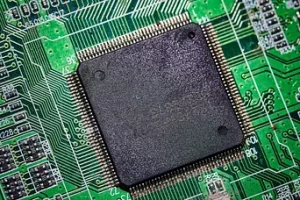 Close-up of a computer chip using antimony semiconductors